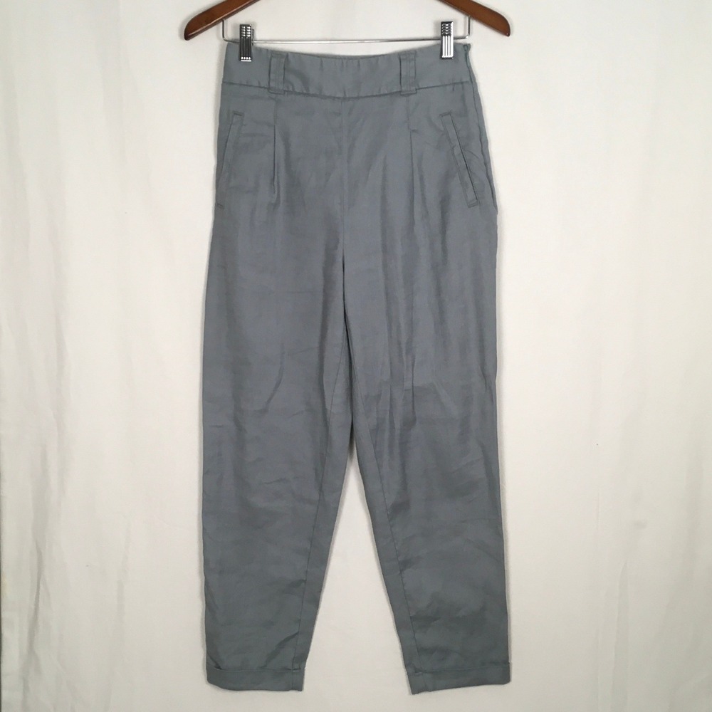 Ett Twa Anthropologie Linen Blend Pants High Waist Taper Cuff Blue‎ Green Size 0